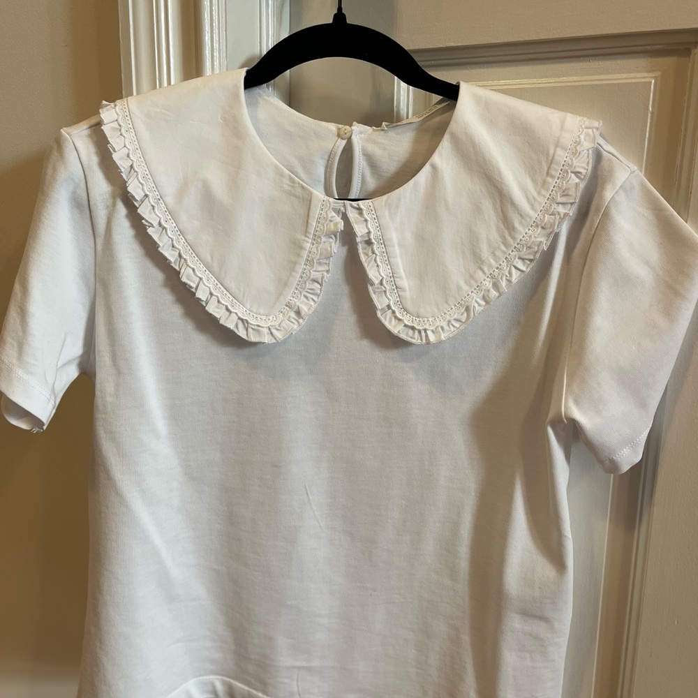 White T-Shirt with Ruffled Collar